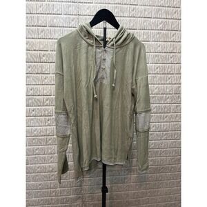 hem & thread Sage Green Hooded Henley Top Women L Textured Sleeve Detail